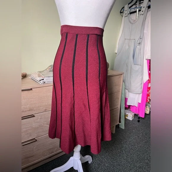 Maroon Black Pleated High-Waist Sweater Stretch Modest Midi Knee-Length Skirt S - Picture 3 of 16